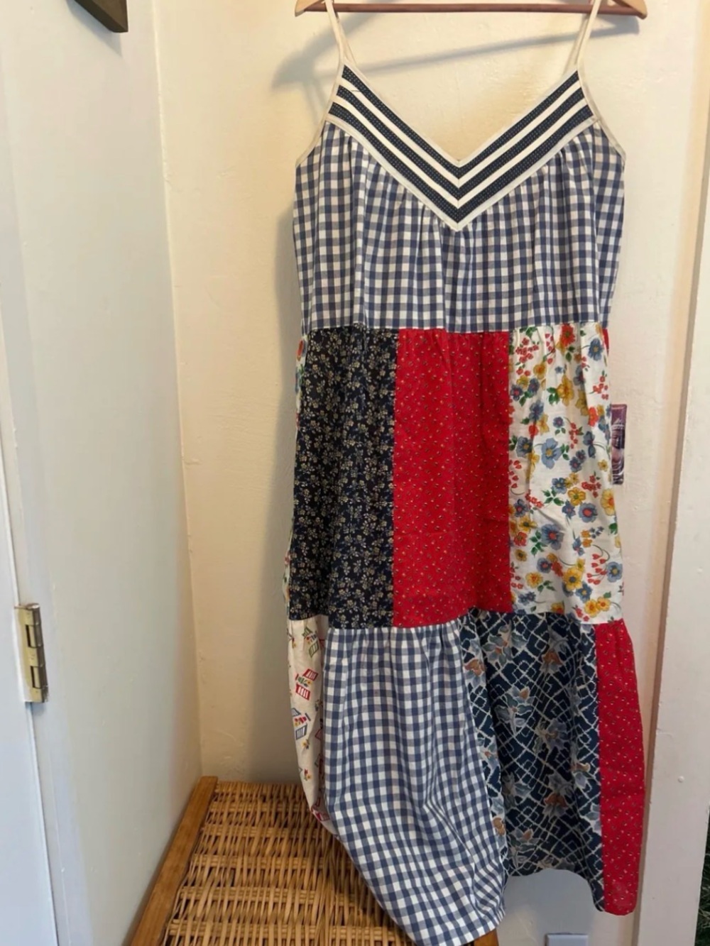 Patchwork Gingham and Floral Spaghetti-Strap Dress - Blue, Red, White